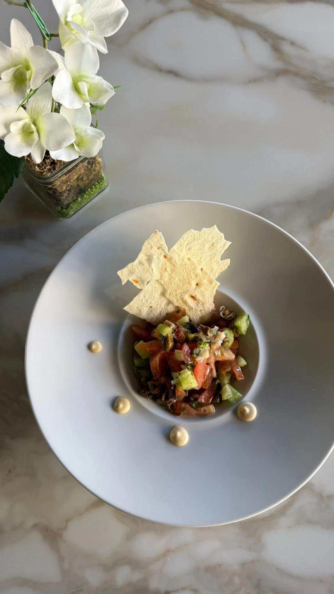 Insalata di verdure fresca con crostini di pane, decorata con ciuffi di crema
