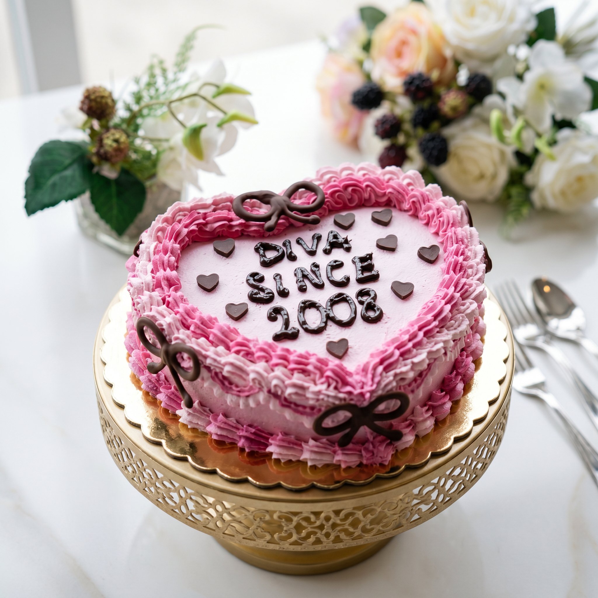 Torta decorata con glassa rosa e cioccolato, con scritte e cuori di cioccolato, su un supporto dorato andato posato su un piatto di cartone con motivo traforato, a fianco di bouquet di fiori bianchi, rosa e neri.