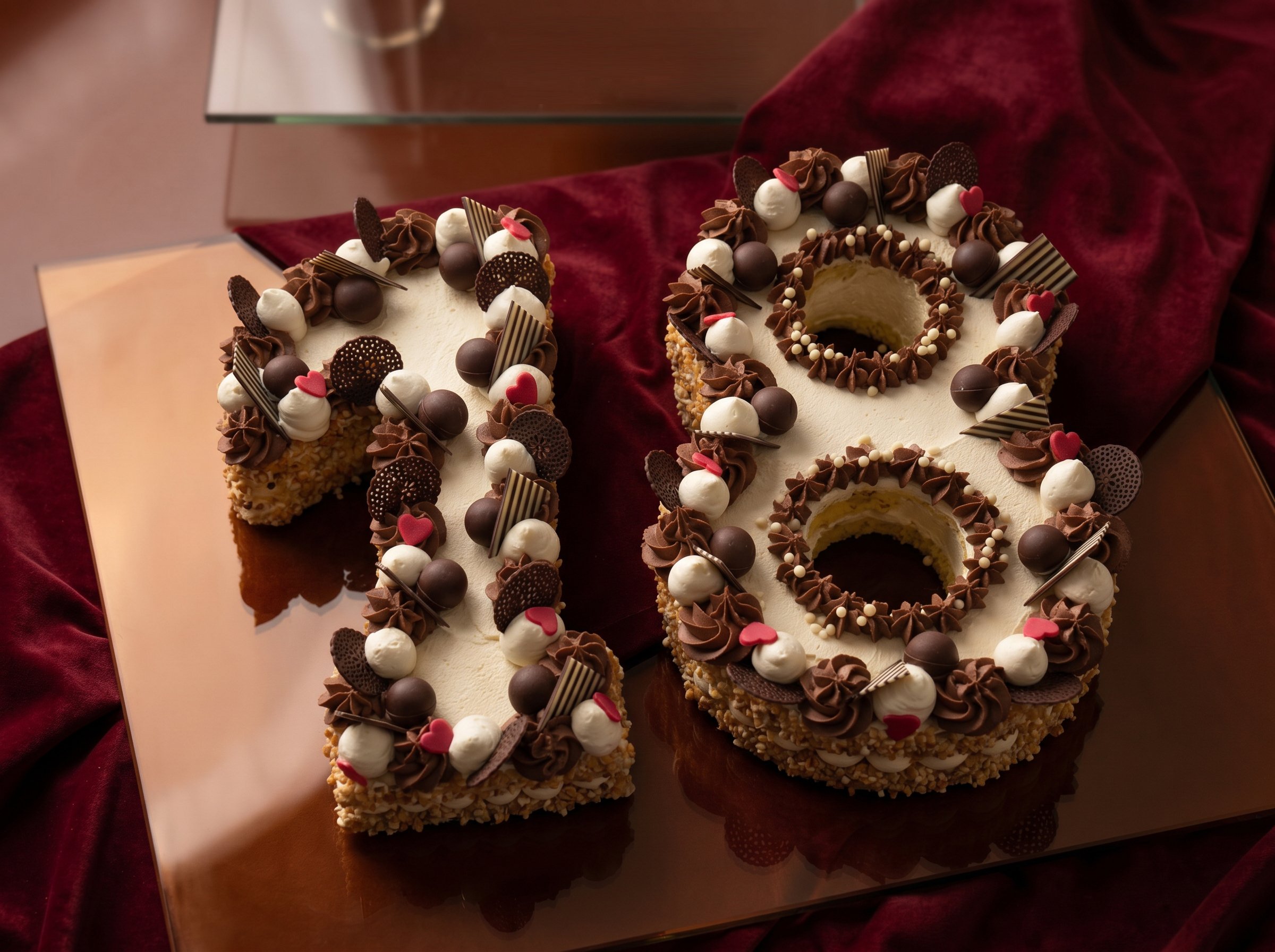 Torta decorata con cioccolato, panna e cioccolatini, con decorazioni a forma di cuori. La torta è rettangolare e una parte è visibile.