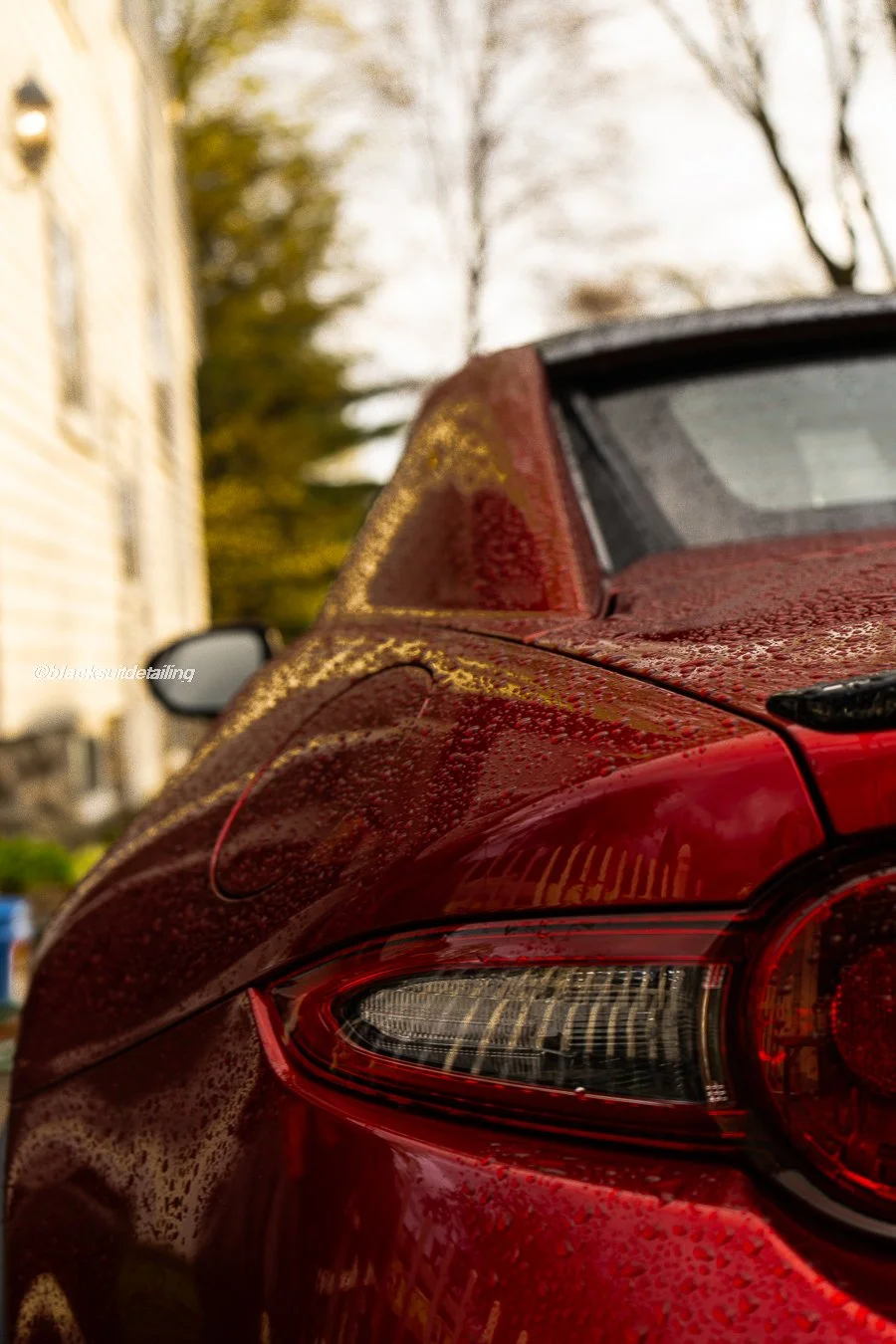 Close-up of a red car with water droplets on its surface, parked outdoors on a rainy day, with blurred trees and a house in the background.
