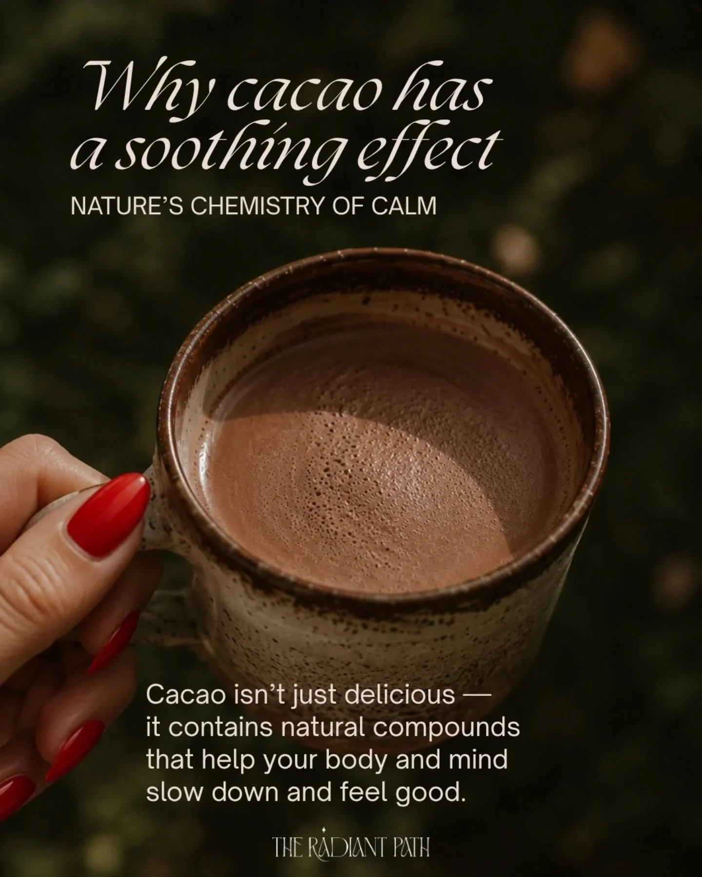 WHY CACAO HAS A SOOTHING EFFECT 🤎
ЗАЩО КАКАОТО ИМА УСПОКОЯВАЩ ЕФЕКТ 🤎

✨ English version below ✨

Има нещо в какаото, което носи дълбоко усещане за уют &mdash; не само емоционално, но и физически. 🤎

Освен самия ритуал, какаото съдържа естествено 