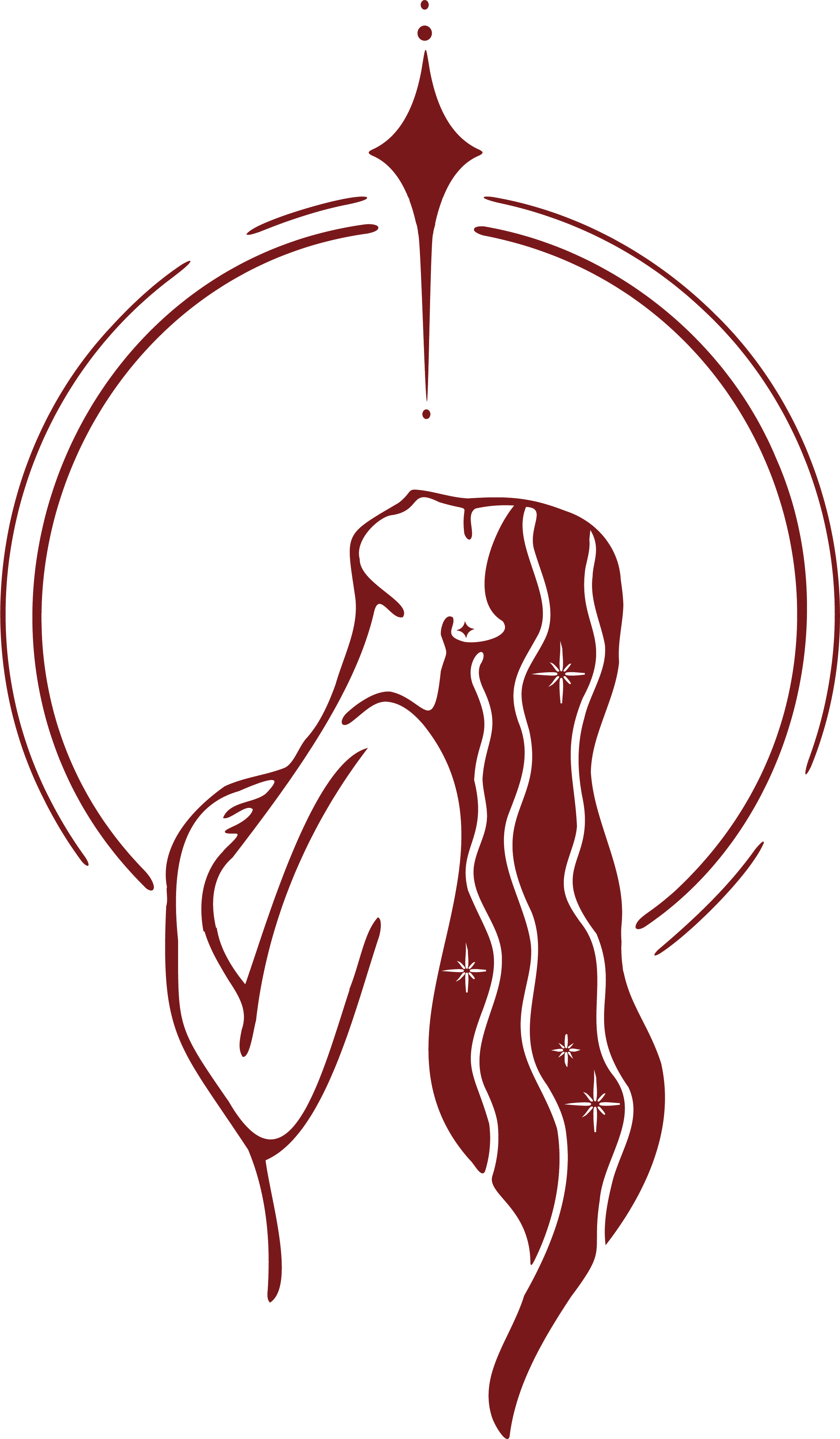 A minimalist, stylized illustration of the Virgin Mary with a large circular halo and a flowing veil, rendered in dark red lines with star-shaped accents.