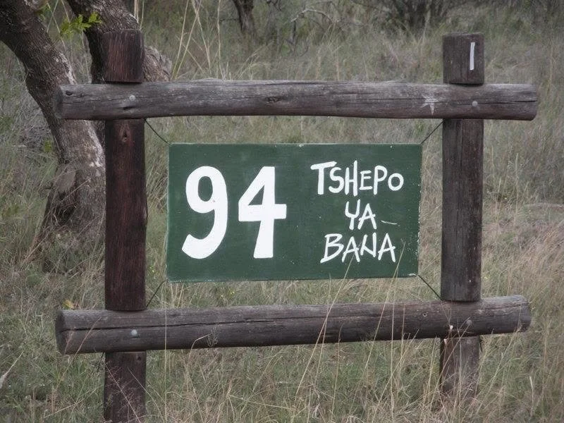 A green wooden sign with white writing, mounted on a rustic wooden frame in a grassy outdoor setting. The sign displays the number 94 and the words "Tshepo ya Bana".