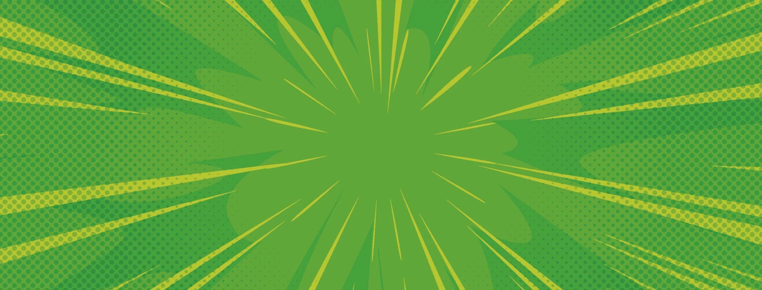 Green comic book style background with burst lines and halftone dot pattern