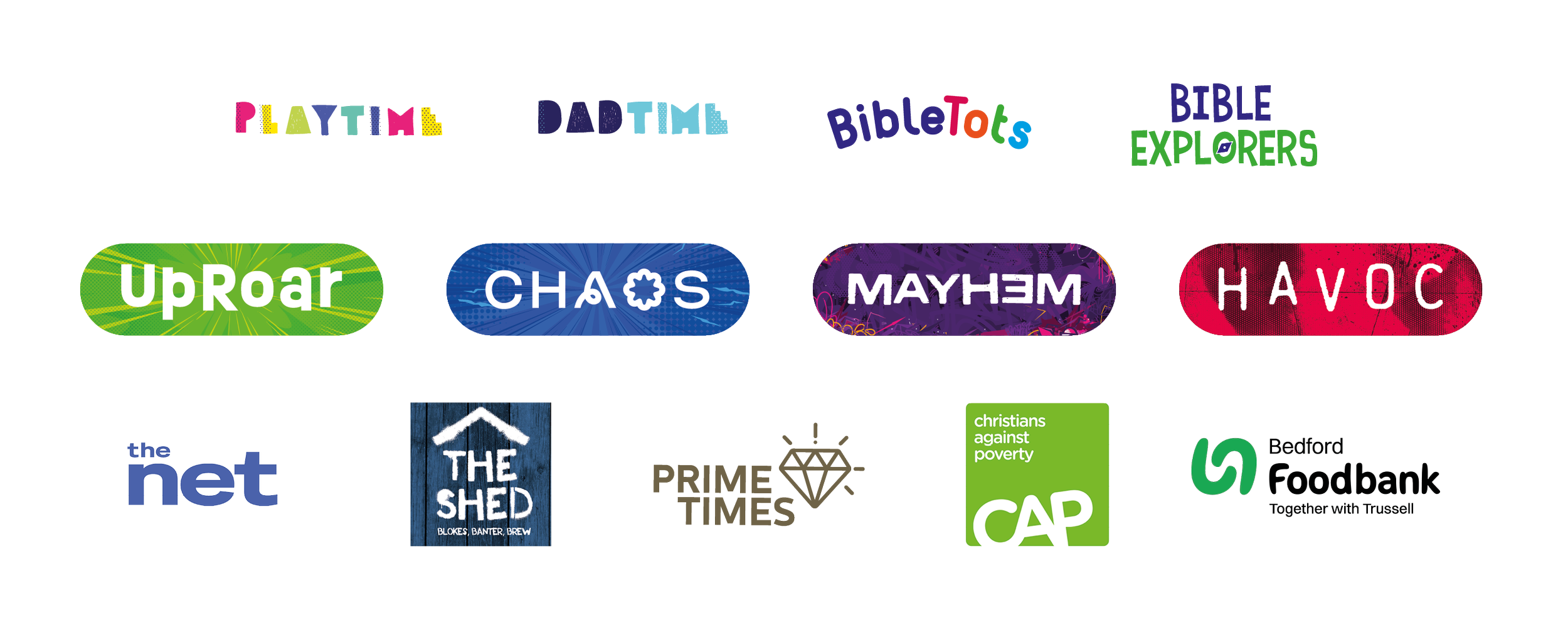A colorful infographic with logos such as 'Playtime', 'Dadtime,' 'Bible Tots,' 'Explorers', 'UpRoar', 'Chaos', 'Mayhem' and 'Havoc'. There are also logos of organizations like 'the Net' 'The Shed' 'Prime Times' 'CAP' and 'Food Bank'.