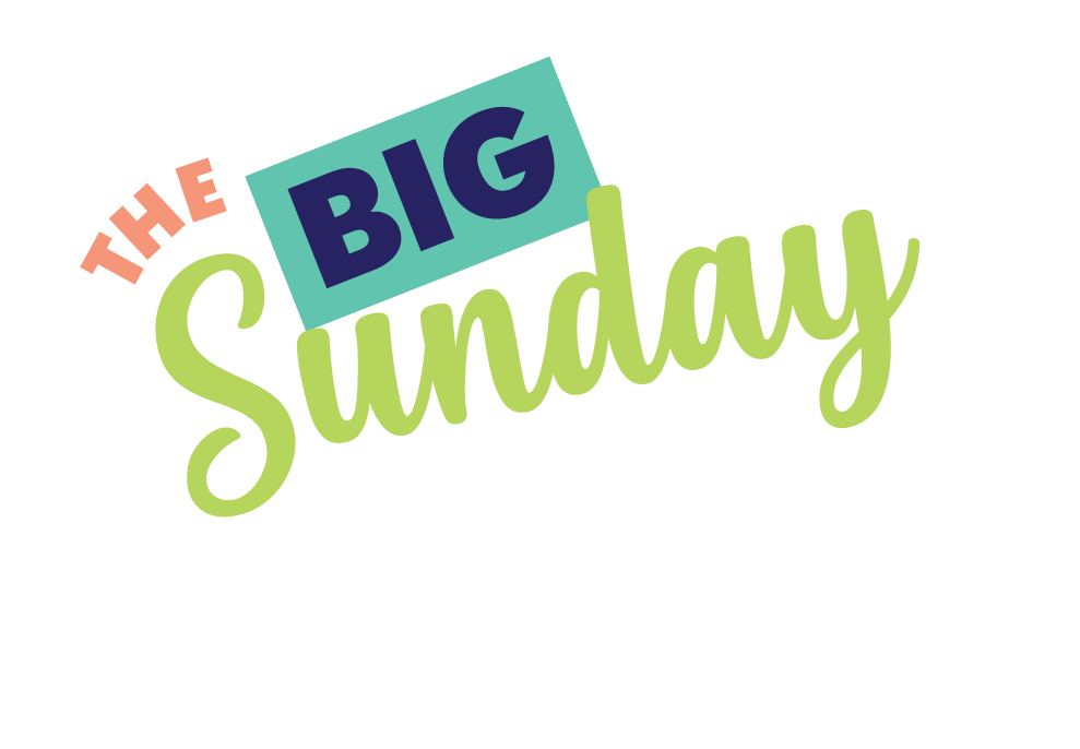 Colorful graphic with the words "The Big Sunday Lunch" in various font sizes and colors, including pink, blue, green, and white, on a black background.