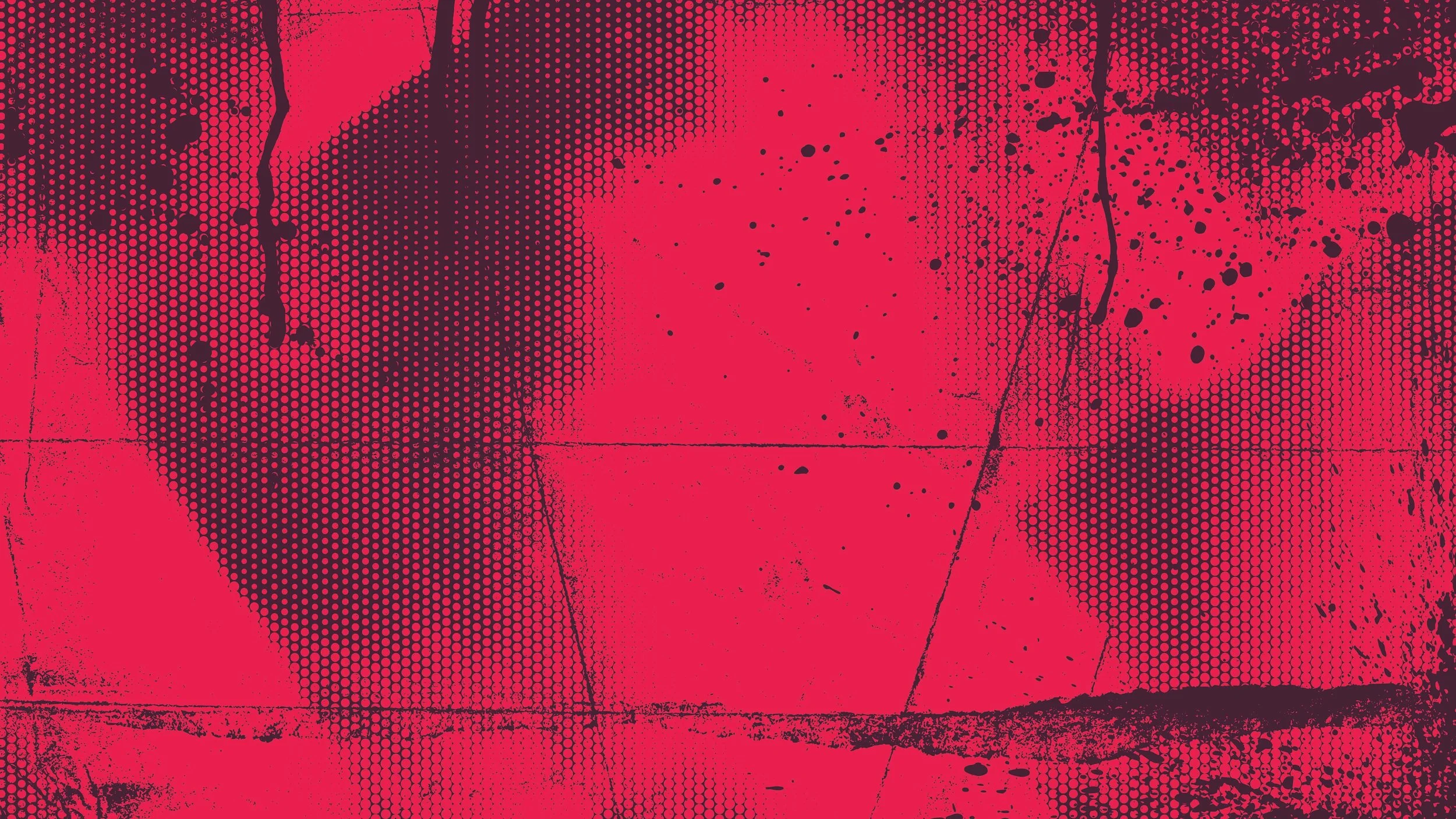 A close-up of a red and black abstract halftone pattern with splatters and textured elements.