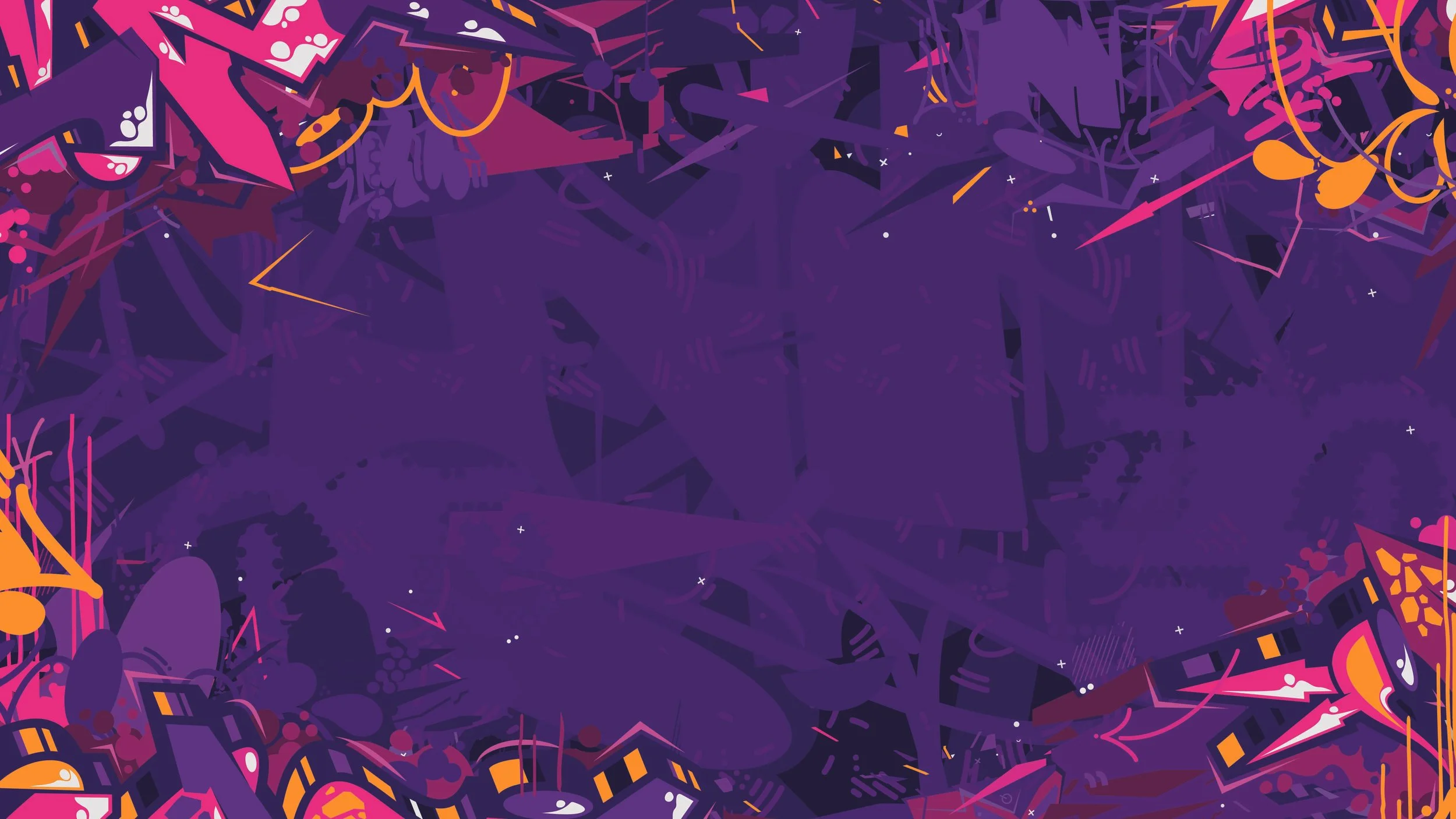 Abstract digital graffiti art with bright pink, orange, and white accents on a dark purple background, featuring various shapes, lines, and patterns.