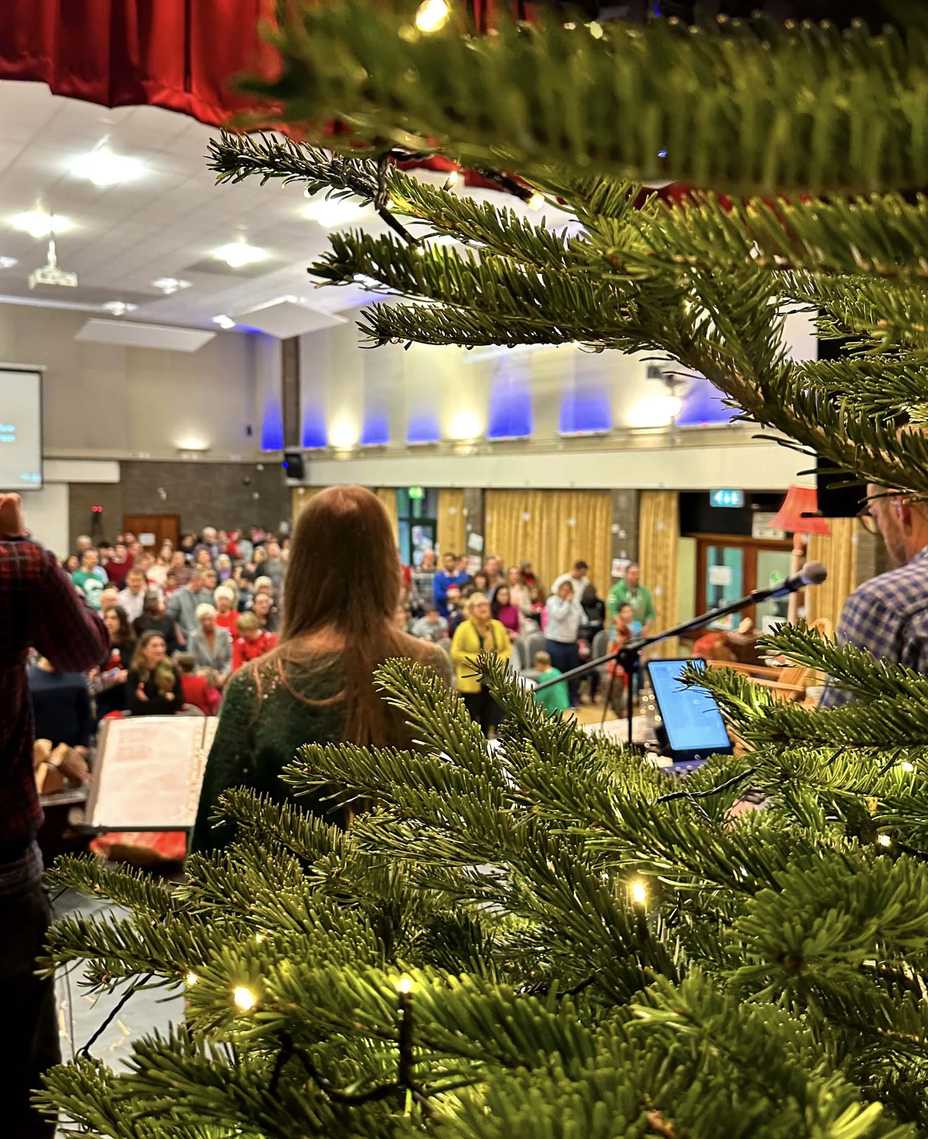 Close-up of a decorated Christmas tree with green branches and small white lights, inside a large indoor space with a crowd of people in the background. #Community #Church #Christmas #event