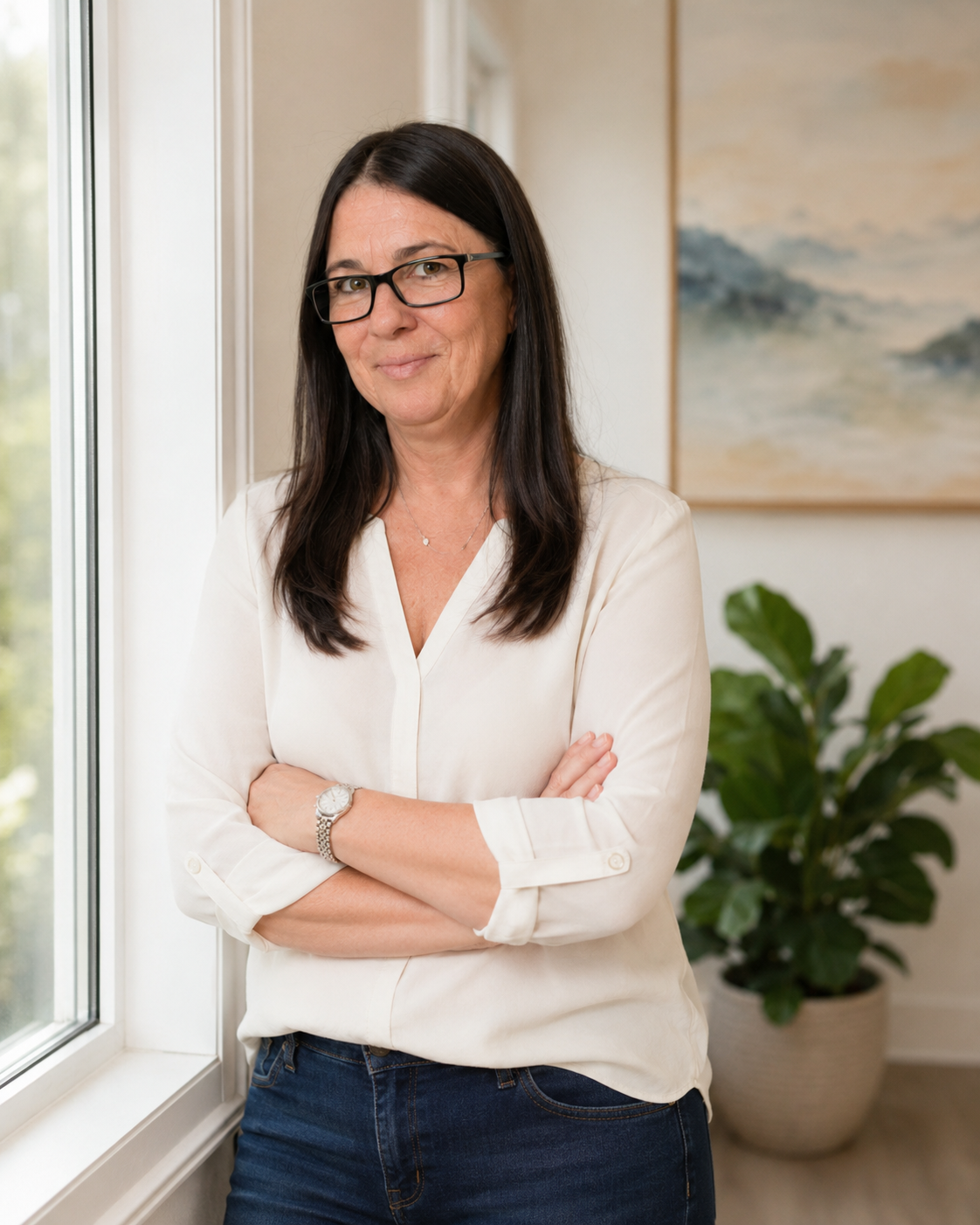 A woman with dark hair, glasses, and a white blouse stands with arms crossed near a window indoors.