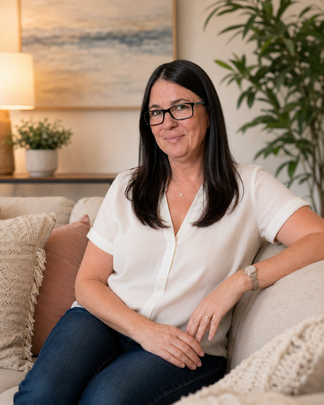 A woman with long dark hair, wearing glasses, a white short-sleeved blouse, and jeans, sitting on a beige couch in a well-lit living room with decorative pillows, a lamp, a plant, and a wall art piece in the background.