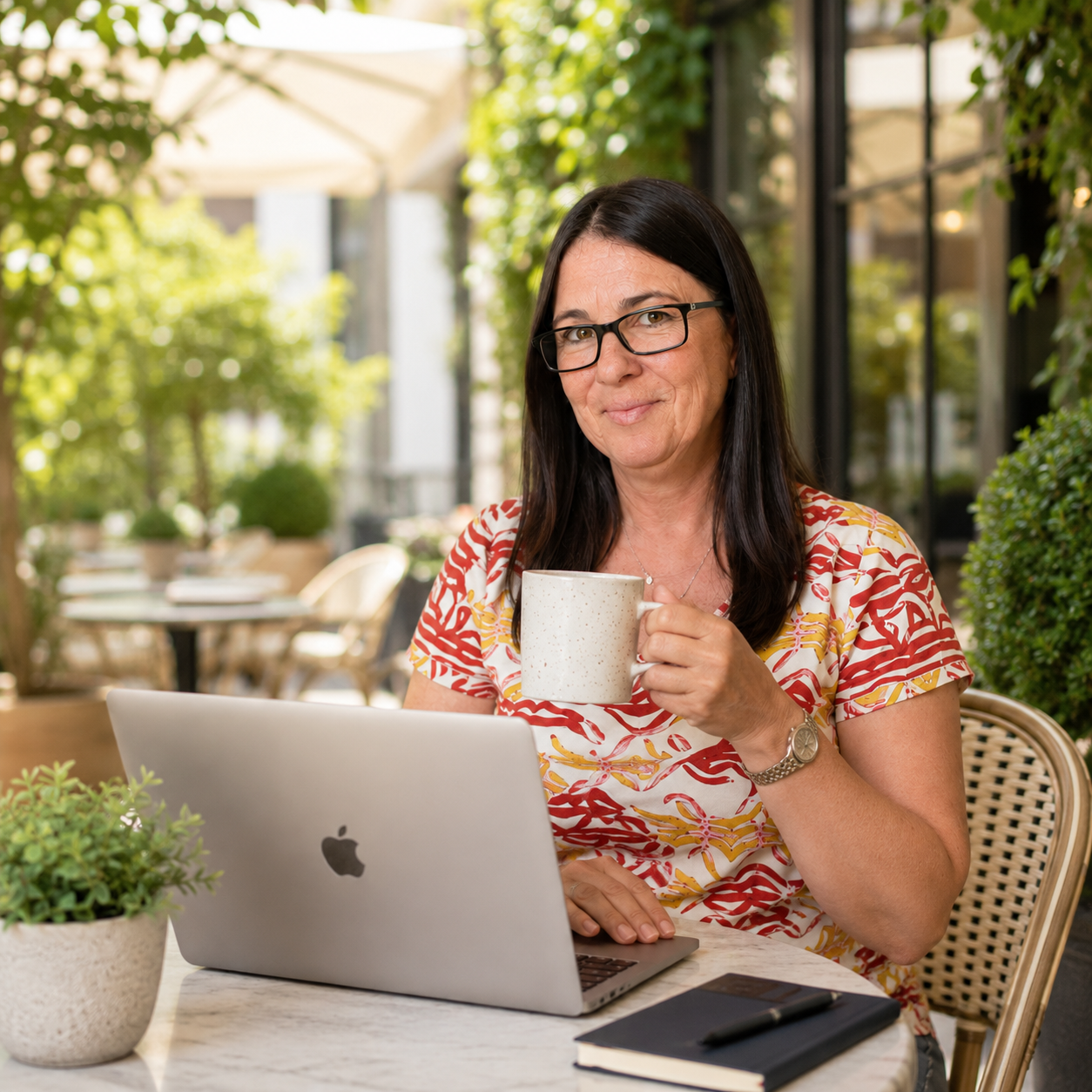 A woman with black hair, glasses, and a patterned shirt sitting at a table outdoors, holding a mug, working on a silver MacBook, with a notebook and pen in front of her, surrounded by greenery and outdoor furniture.
