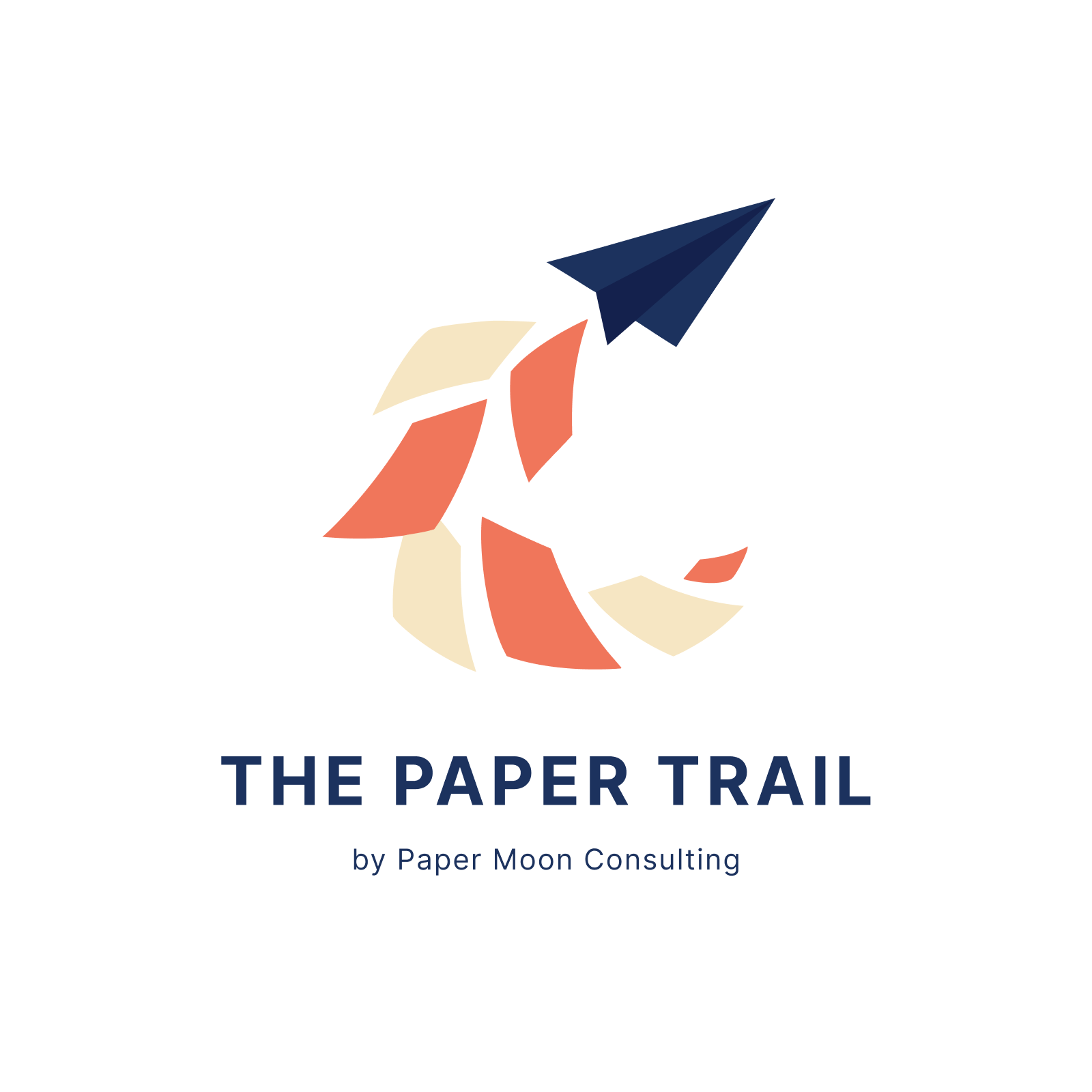 The Paper Trail by Paper Moon Consulting logo: a navy paper airplane flying upward, leaving a trail of coral and cream pieces that form a crescent moon