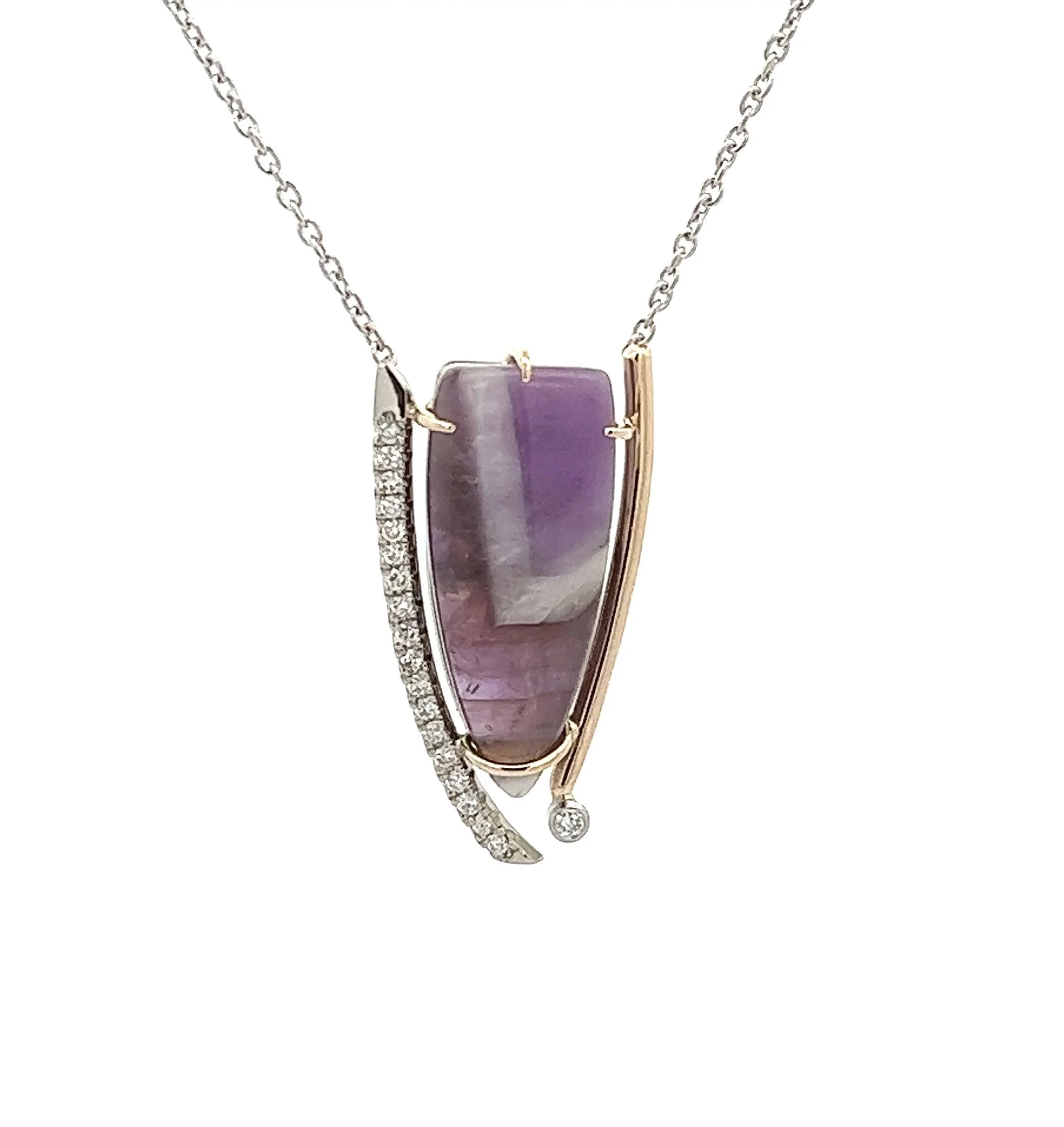 Silver necklace with an amethyst pendant and diamond accents.