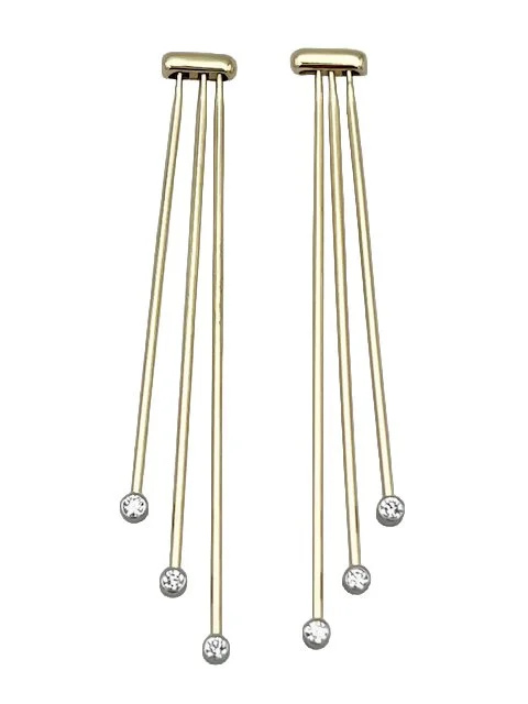 A pair of gold-colored earrings with long, straight bars ending in small, round gemstones.
