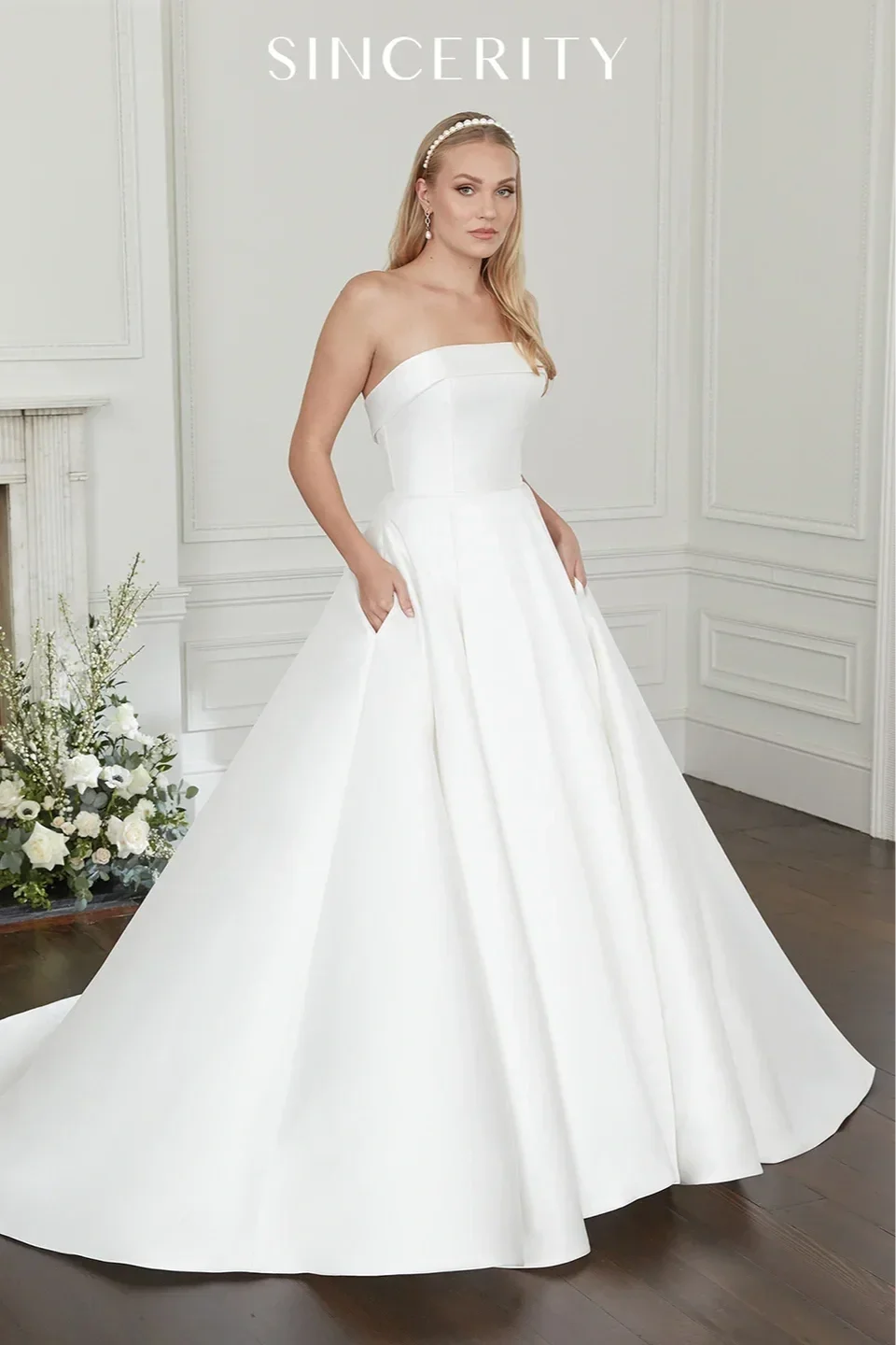 Strapless Stretch Mikado Fit and Flare with Cuffed Straight Neckline