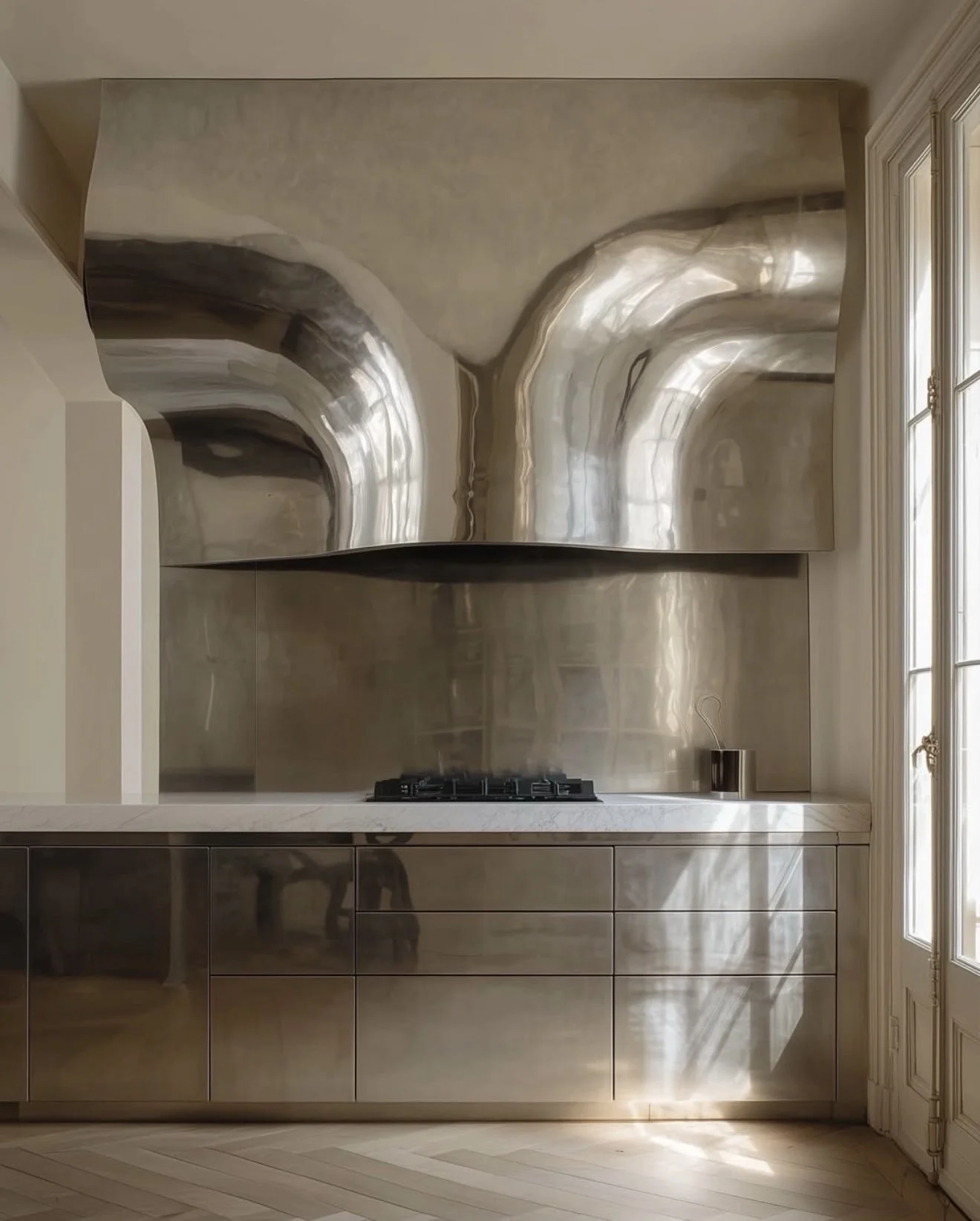 Cucina moderna con ante lisce argentate, piano in marmo chiaro, piano cottura a gas nero, soffitto illuminato da luce naturale da una grande finestra con persiane bianche.