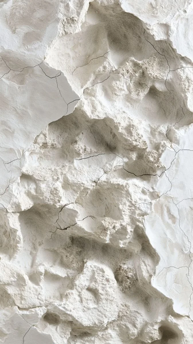 Parete in rilievo con rotture e crepe, superficie di pietra o gesso bianco