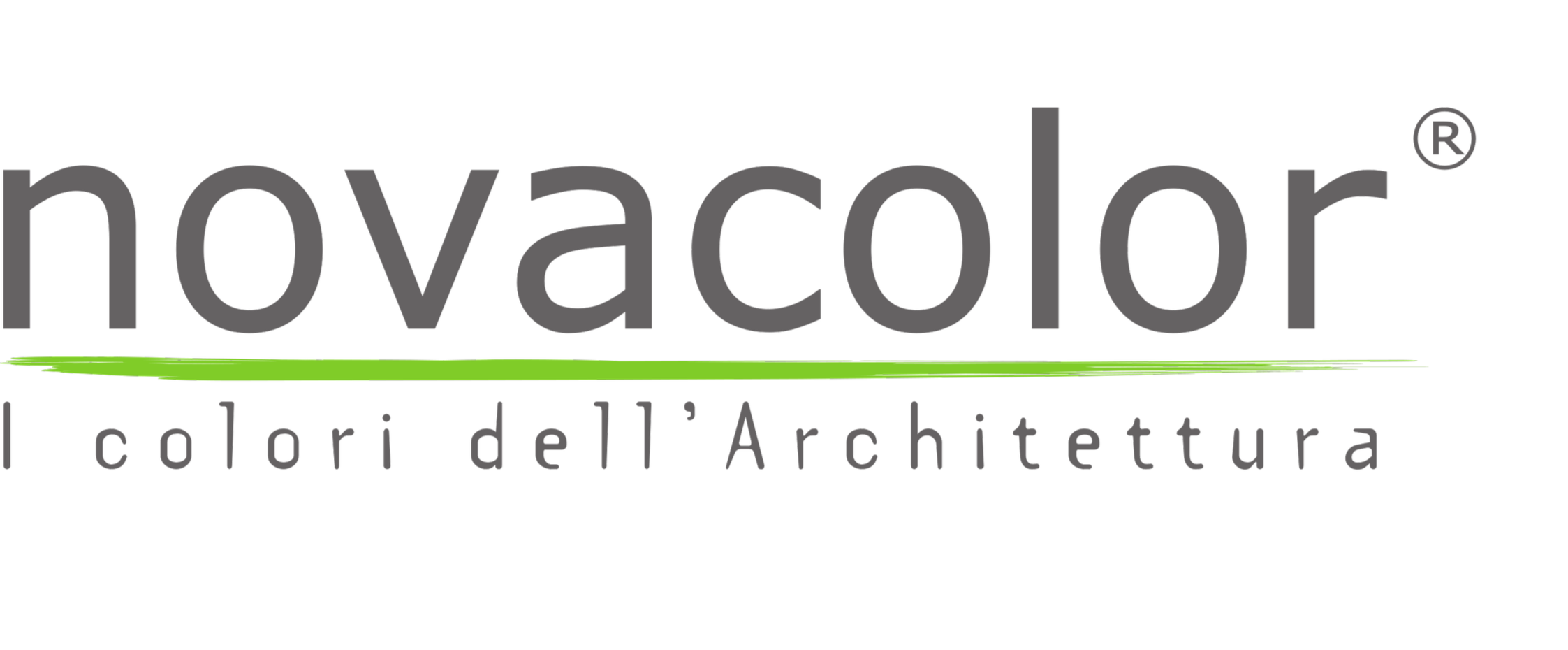 Logo di Novacolor, azienda di coordinamento e architettura, con testo in italiano su sfondo nero, con un tratto verde sotto e uno sotto scritto 'coordinamento' e 'architettura'.