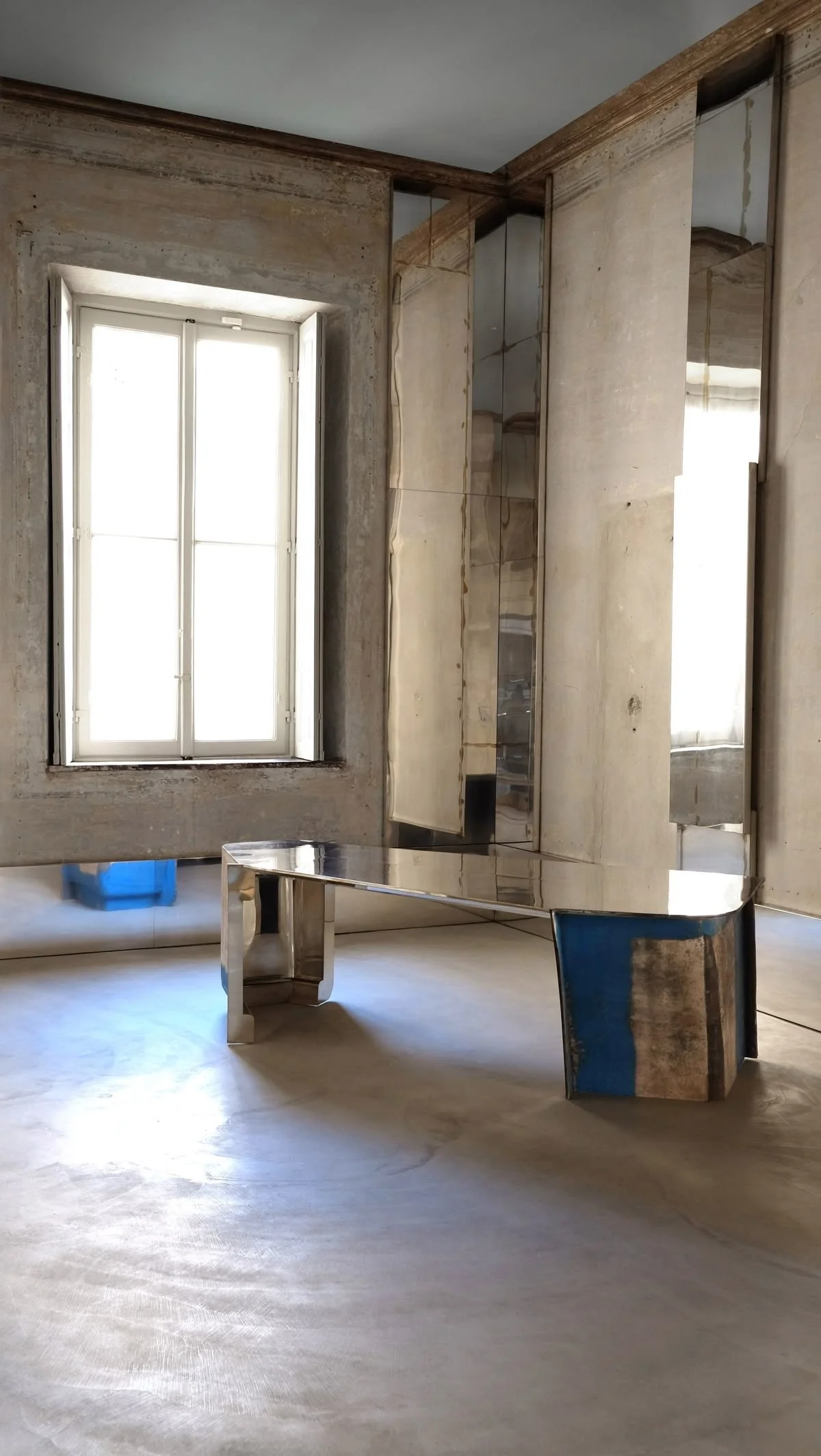 Interno di una stanza con pareti in pietra, una finestra grande e una sedia in metallo con seduta blu.