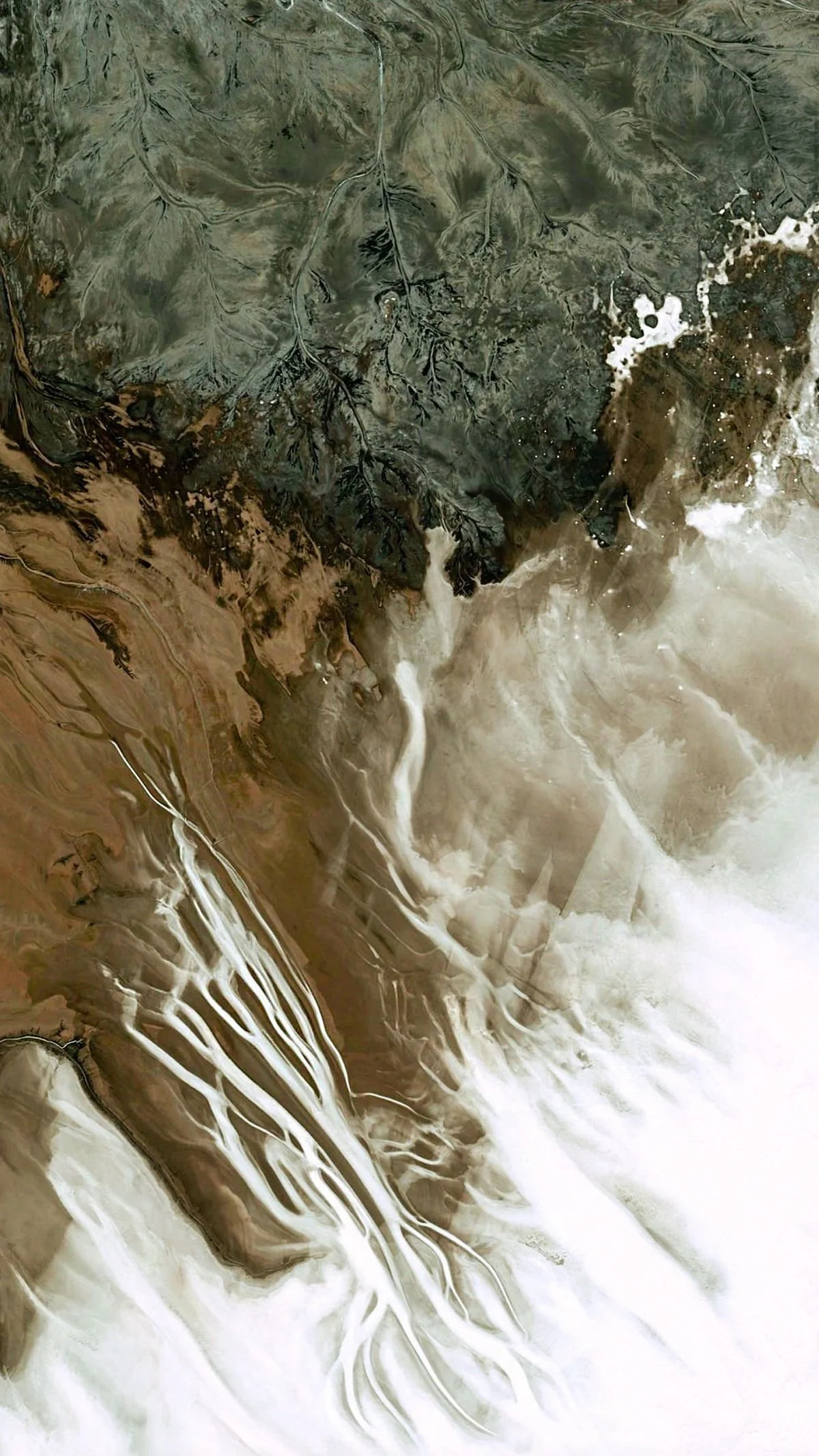 Immagine aerea di un paesaggio desertico con un fiume che si biforca e formazione di depositi di sale e sabbia.