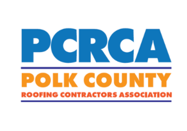 Logo of PCRCA Polk County Roofing Contractors Association with blue, orange, and white colors.