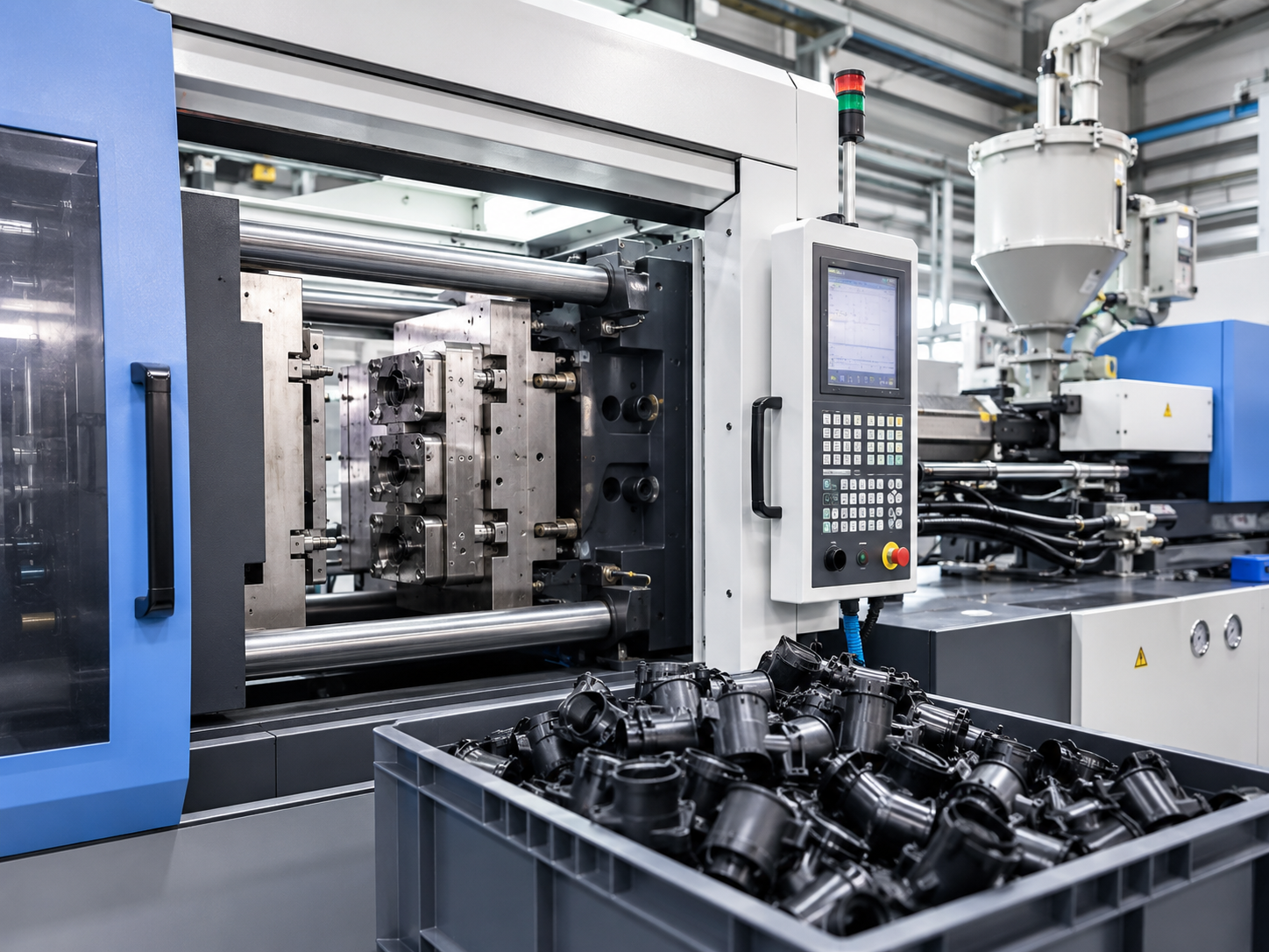 Industrial manufacturing machine with a computer interface and black plastic parts in a container.