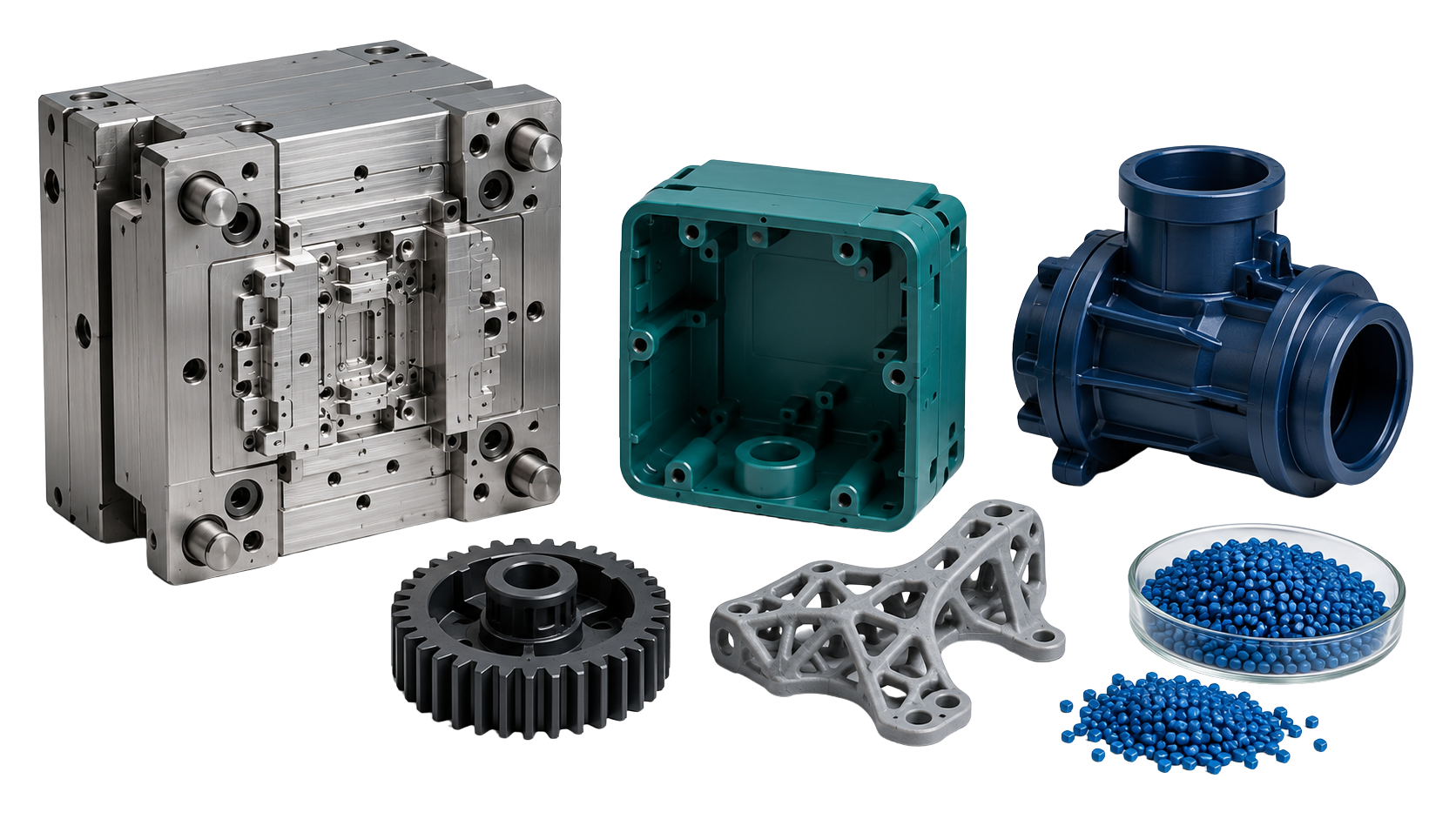 Collection of plastic and metal machine parts, including a large metallic mold, a green plastic housing, a blue plastic valve, a gear, a gray lattice-like part, and blue plastic pellets in a dish, on a plain background.