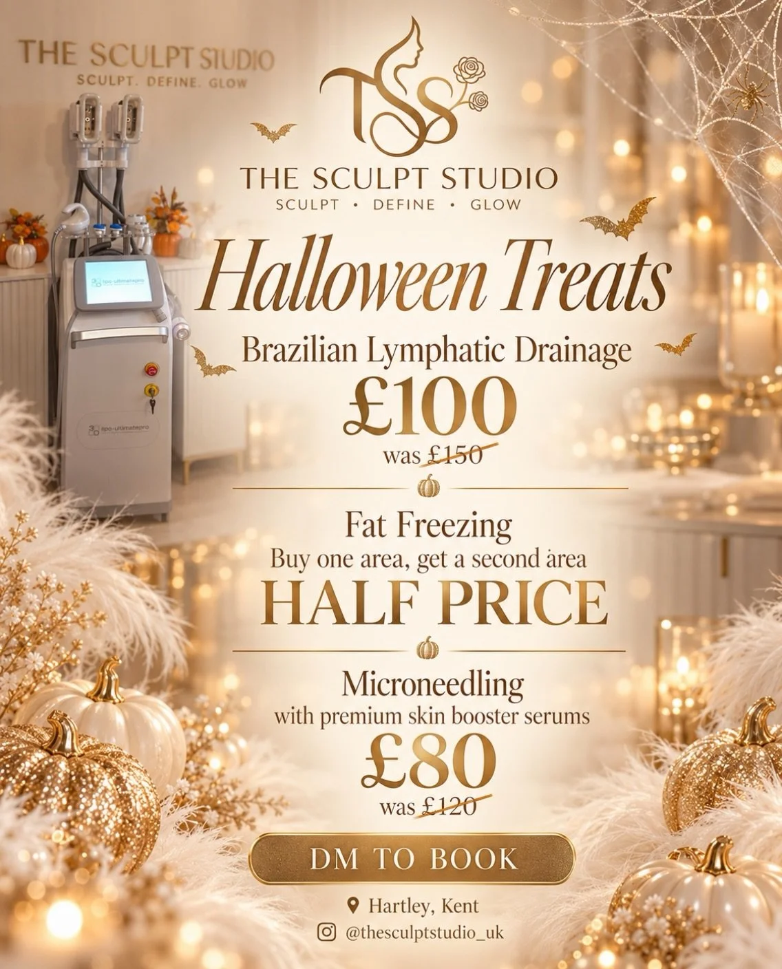 All treats, no tricks&hellip; 🎃✨

A little Halloween treat from The Sculpt Studio to you 🤍

✨ Brazilian Lymphatic Drainage &mdash; &pound;100, usually &pound;150

❄️ Fat Freezing &mdash; book one area and get a second area HALF PRICE

✨ Microneedli
