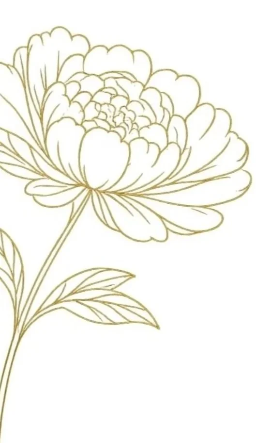 Gold outline of a peony flower with leaves, on a white background