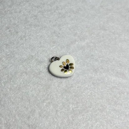 White Porcelain Heart Charm with Black Heart and Gold Petals