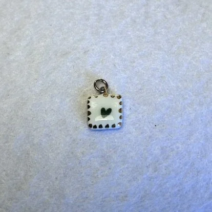 White Square Shaped Porcelain Charm with Green Heart and Gold Scalloped Border