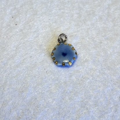 Blue Hexagon Porcelain Charm with Cobalt Heart and Gold Dotted Border