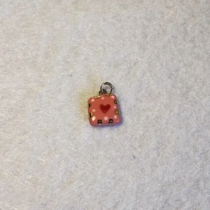 Pink Square Porcelain Charm with Red Heart and Gold and White Dot Border