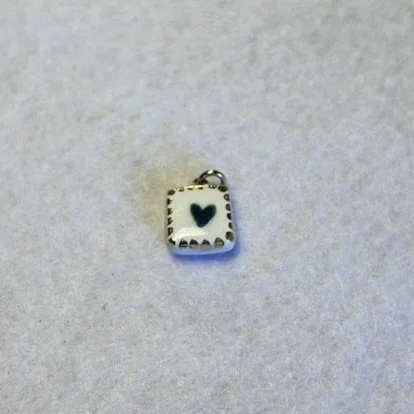 White Square Porcelain Charm with Green Heart and Gold Scalloped Border