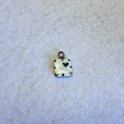 White Square Porcelain Charm with Corner Green Heart and Gold Dotted Border