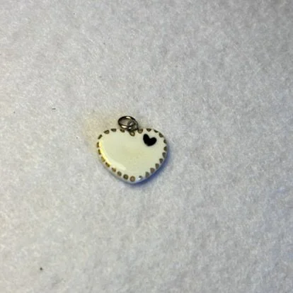 White Porcelain Heart Charm with Tiny Corner Black Heart and Gold Dotted Border