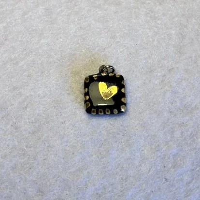 Black Square Porcelain Charm with Gold Heart and Gold Dotted Border