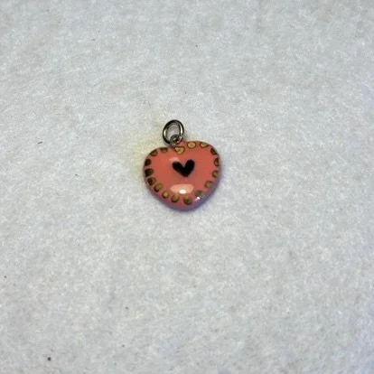 Pink Porcelain Heart Charm with Black Heart and Gold Dotted Border