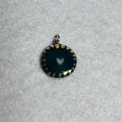 Green Porcelain Charm with White Heart and Gold Scalloped Border