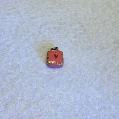 Pink Square Porcelain Charm with Red Heart and Gold Dotted Border