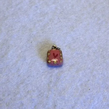 Mini Pink Square Porcelain Charm with Red Heart and Gold Dotted Border