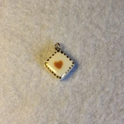 White Diamond Shaped Porcelain Charm with Orange Heart and Gold Dotted Border