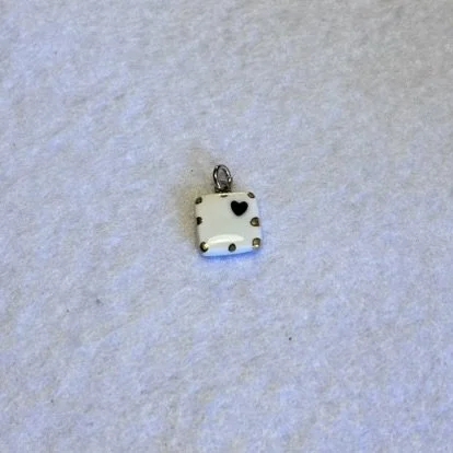 White Square Porcelain Charm with Tiny Corner Black Heart and Gold Dotted Border