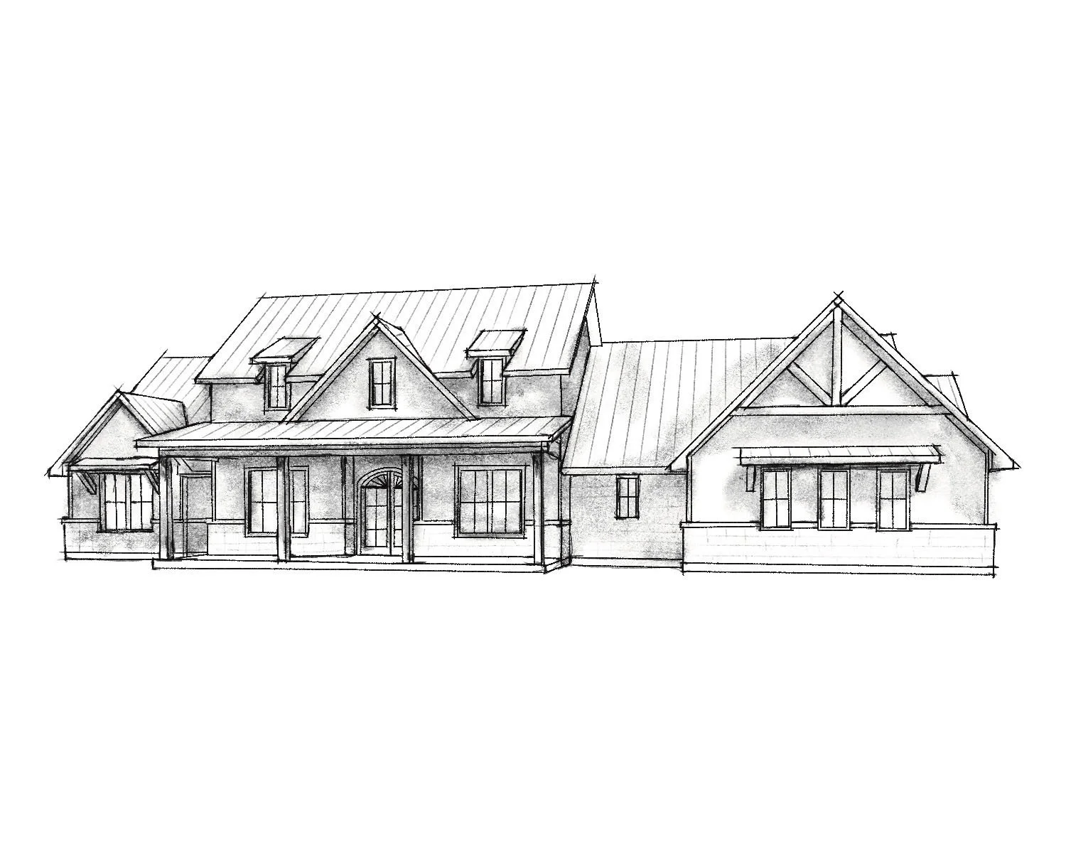 An architectural pencil sketch of a modern farmhouse-style home featuring a large front porch, gabled rooflines, and multiple windows.