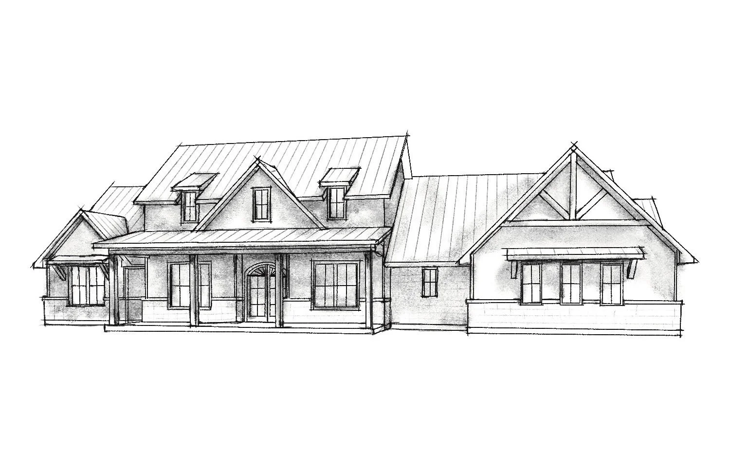 An architectural pencil sketch of a modern farmhouse-style home featuring a large front porch, gabled rooflines, and multiple windows.