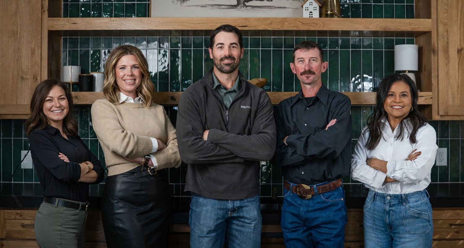 The core Fig Tree Homes team which includes Ian, Owner; Stephanie, Vice President of Operations; Lianne, Design Coordinator; Clayton, Superintendent; and Monica, Business Development Coordinator