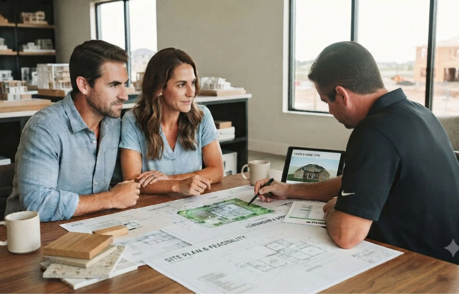 A couple sitting at a desk with a home builder, reviewing blueprints and a digital rendering for a custom home project.