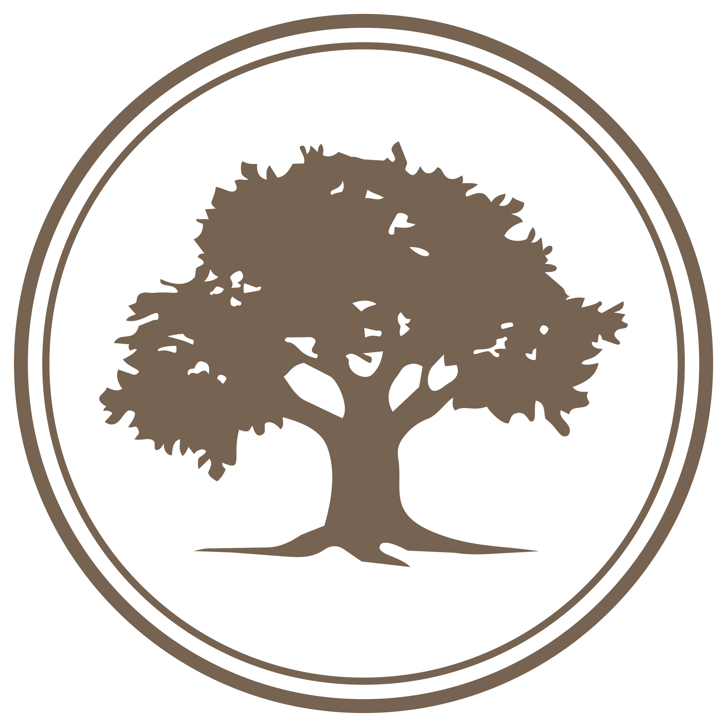 A circular, brown logo with a silhouette of a tree in the center.