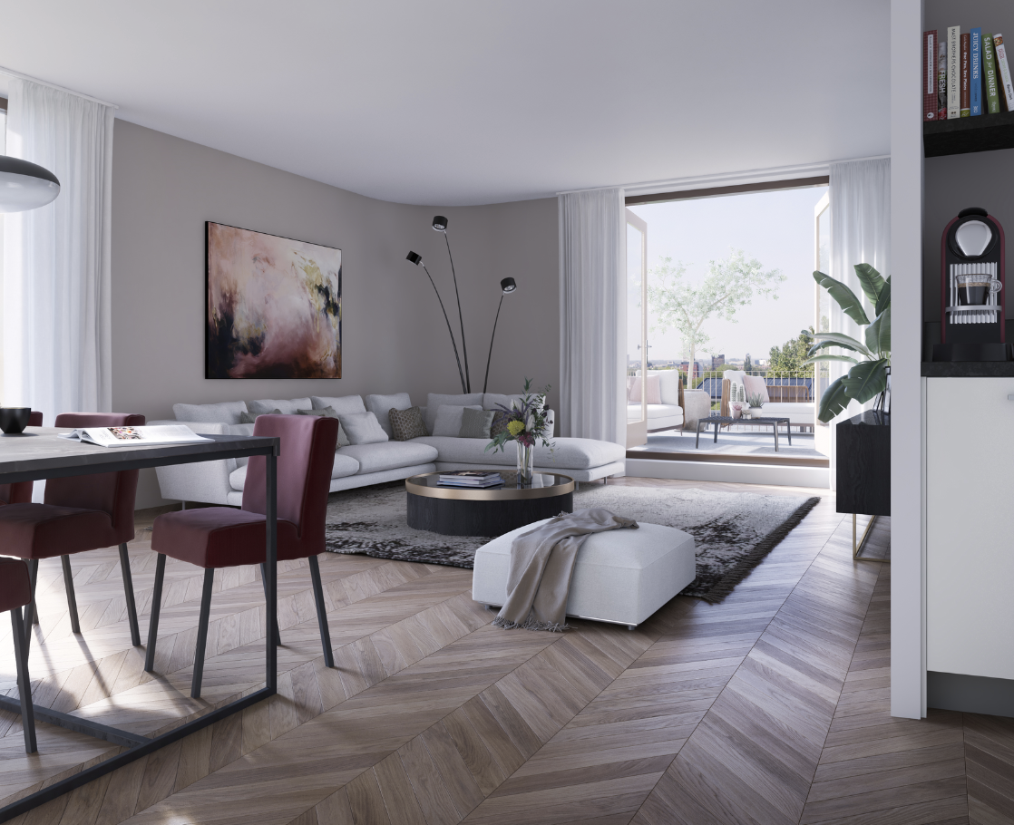 Een modern woonkamer met een witte hoekbank, een ronde salontafel met bloemen, een grote abstracte muurkunst, een vloerlamp, een open terras met tuinmeubilair en een grote plant, alles in natuurlijke lichtinval.